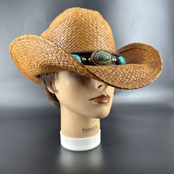 Shady Brady Straw Hat Medium Western USA Brown Band Turquoise/Stone Details - Picture 2 of 15